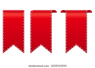 red ribbon set bookmark 3d gradient tag. white sewing thread. isolated image background. eps 10