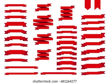 Red ribbon set in  flat style isolated on white background. Vector tapes and banner  shapes  collection. Christmas  sticker and decoration design elements. 