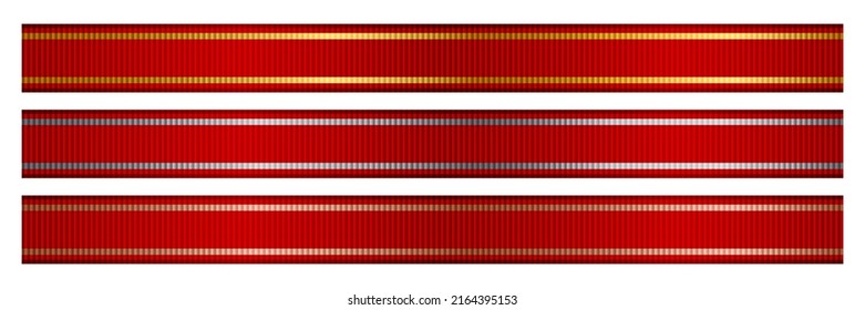 Red Ribbon Set With Grosgrain Texture And Gold, Silver And Bronze Trim On Border Vector Illustration. 3d Realistic Fabric Wide Award Prize For Winners, Champions Gift On Ceremony Isolated On White