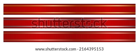 Red ribbon set with grosgrain texture and gold, silver and bronze trim on border vector illustration. 3d realistic fabric wide award prize for winners, champions gift on ceremony isolated on white