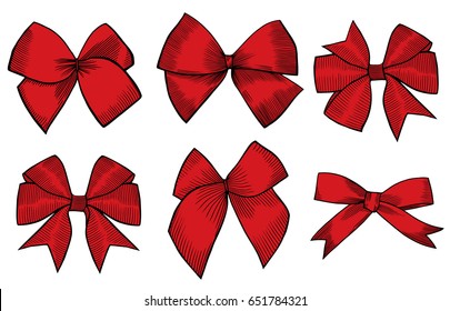 Red Ribbon set. Hand drawn engraving. Vector vintage illustration. Isolated on white background.