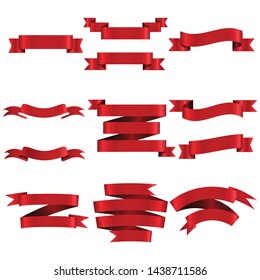 Red Ribbon Set InIsolated White Background, Vector Illustration