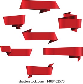 Red Ribbon Set InIsolated White Background, Origami style, Vector Illustration