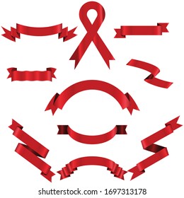 Cinta Roja Conjunto En Diseño Moderno Aislado Para La Celebración Fondo Blanco De Banner, Ilustración Vector