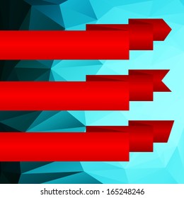 Red ribbon set on geometric background. Complete set of banners and ribbons