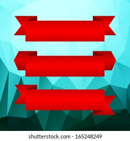Red ribbon set on geometric background. Complete set of banners and ribbons