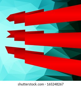Red ribbon set on geometric background. Complete set of banners and ribbons