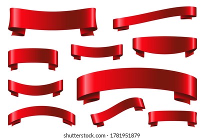 Red ribbon set in  realistic style isolated on white background.  Xmas  sticker and decoration design elements. Vector tapes and banner  shapes  collection.