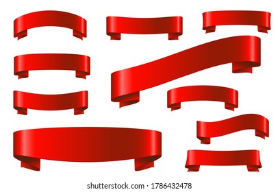 Red ribbon set in  realistic style isolated on white background.  Xmas  sticker and decoration design elements. Vector tapes and banner  shapes  collection.