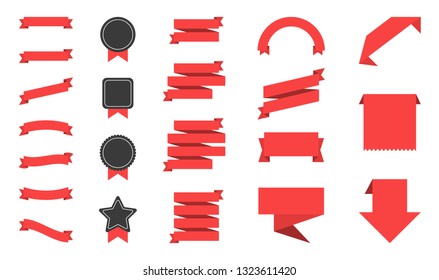 Red ribbon set in white background. Vector Illustration