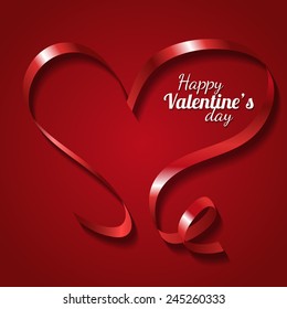 Red ribbon in the shape of a heart on a soft red background ans Valentine's day lettering. 