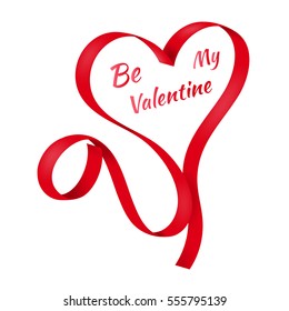 Red ribbon in shape of stylized heart isolated on white background. Valentine's Day greeting card.