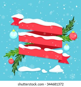 Red ribbon with snow, baubles and fir branches. Vector illustration