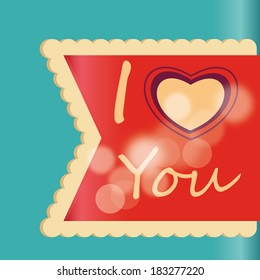 a red ribbon with some text and a heart in blue background