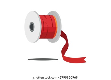Red ribbon spool vector illustration. Flat textile bobbin icon with a loose strand of red ribbon, isolated on white background. Sewing, craft, gift wrapping, and haberdashery concept.