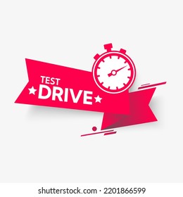 Red ribbon with a stopwatch on a white background. Sticker. Text. Test drive. Vector illustration.