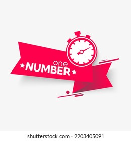 Red ribbon with a stopwatch on a white background. Sticker. Text. Number one. Vector illustration.