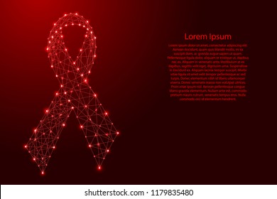 Red ribbon symbol of the fight against AIDS from futuristic polygonal lines and glowing stars for banner, poster, greeting card. Vector illustration.