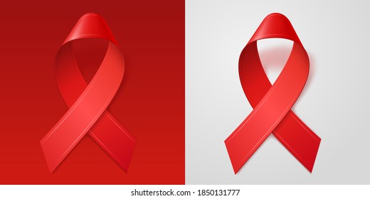 Red ribbon is symbol of HIV AIDS awareness. Realistic 3d ribbon on red and white isolated background. Vector template for web, logo, icon.