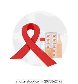 Red ribbon The symbol of World AIDS Day on the background of the globe. Test tube, condom, pills and injection for therapy. Awareness, prevention, awareness. Vector illustration, flat