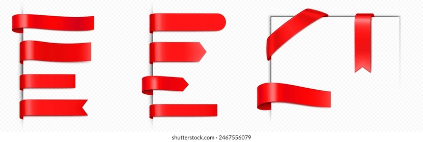 Red ribbon tag. Satin bookmark or flag banner vector. Badge sticker or price label for sale. Discount promotion on page angle for retail template. Silk shiny straight glossy fabric illustration