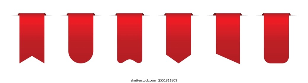 As marcas de fita vermelha definem a coleção de rótulos vetoriais no plano de fundo branco. Modelo de faixa de opções de vetor definido para marcas de produto e logotipos. Coleção de fita vermelha. Ilustração vetorial