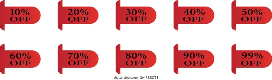Red ribbon tags with various percentage discounts from 10% to 99% OFF. Ideal for digital promotions, sales ads, and marketing campaigns. Clean vector design for e-commerce and retail visuals.