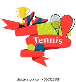 Red Ribbon tennis. Clothes and equipment. Vector illustration