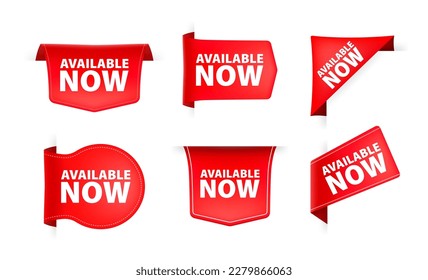 Cinta roja con texto disponible ahora. Etiqueta de la cinta de bandera disponible ahora
