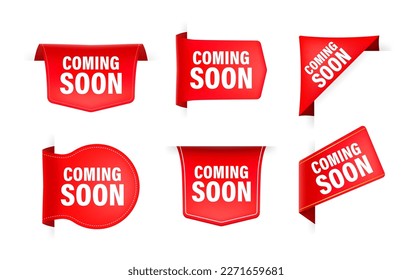 Red ribbon with text Coming soon. Banner ribbon label Coming soon