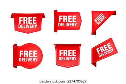 Red ribbon with text free delivery. Banner ribbon label free delivery