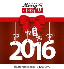 Red ribbon with text Merry Christmas and 2016. Eps 10 vector file.