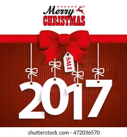 Red ribbon with text Merry Christmas and 2017. Eps 10 vector file.