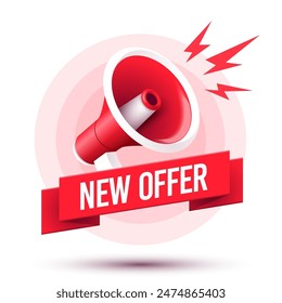 Red Ribbon With Text New Offer And Megaphone Icon