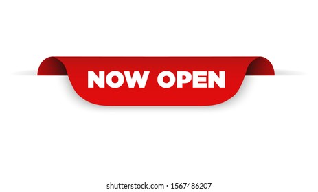 Red ribbon with text now open. Vector illustration