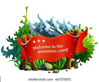 Red ribbon for text on the background of mountains.