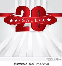 Red Ribbon with text sale 20 percent and stripes as a background