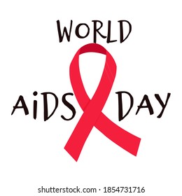 Red ribbon with text world aids Day, symbol isolated on white background. December disease campaign, healthcare, human hope.