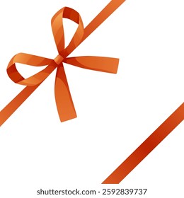 Red ribbon tied in a knot. The bow is placed in the corner of a square format. Ribbon for wedding invitation, certificate, gift boxes, with space for text on a white background.