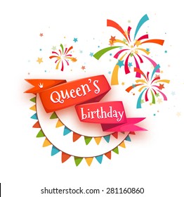 Red ribbon with title for Wueen birthday party. Vector illustration