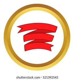 Red ribbon vector icon in golden circle, cartoon style isolated on white background