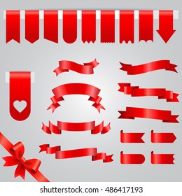 Red Ribbon vector icon set. Collection of red ribbons isolated on white background.