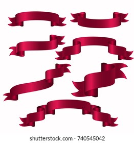 Red ribbon vector icon set on white background. Banner isolated shapes illustration of gift and accessory. Christmas sticker and decoration. Label, badge and borders collection. Vector illustration.