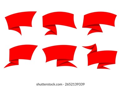 Red Ribbon Vector Set with Various Folded Banner Shapes Isolated on White Background for Labels Tags Design or Decoration Template