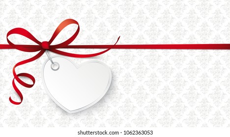 Red ribbon wallpaper with heart and ornaments. Eps 10 vector file.