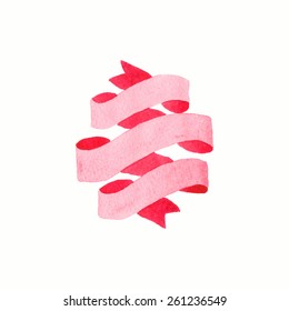 Red ribbon. Watercolor ribbon on the white background, aquarelle. Vector illustration. Hand-drawn decorative element useful for invitations, scrapbooking, design. 