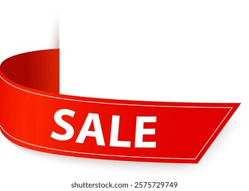 Red ribbon waving from the upper left corner, featuring the word sale in bold white letters, perfect for enhancing retail promotions and marketing campaigns