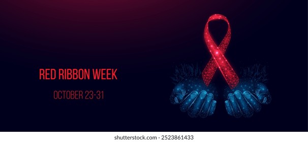 Red ribbon week concept. Banner with red ribbon awareness and text. Vector illustration. 
