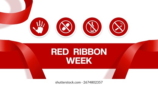 Red Ribbon Week. Rote Schleife, Hand und mehr. Geeignet für Poster, Banner und Social Media. Weißer Hintergrund.