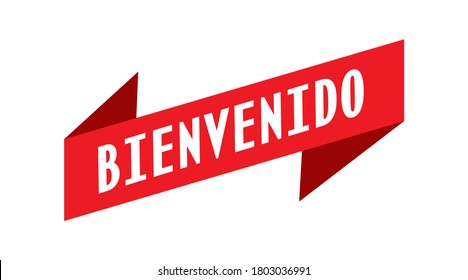 Red ribbon with the words Welcome to Spanish for a banner, stickers and labels. Vector template for a welcome banner.